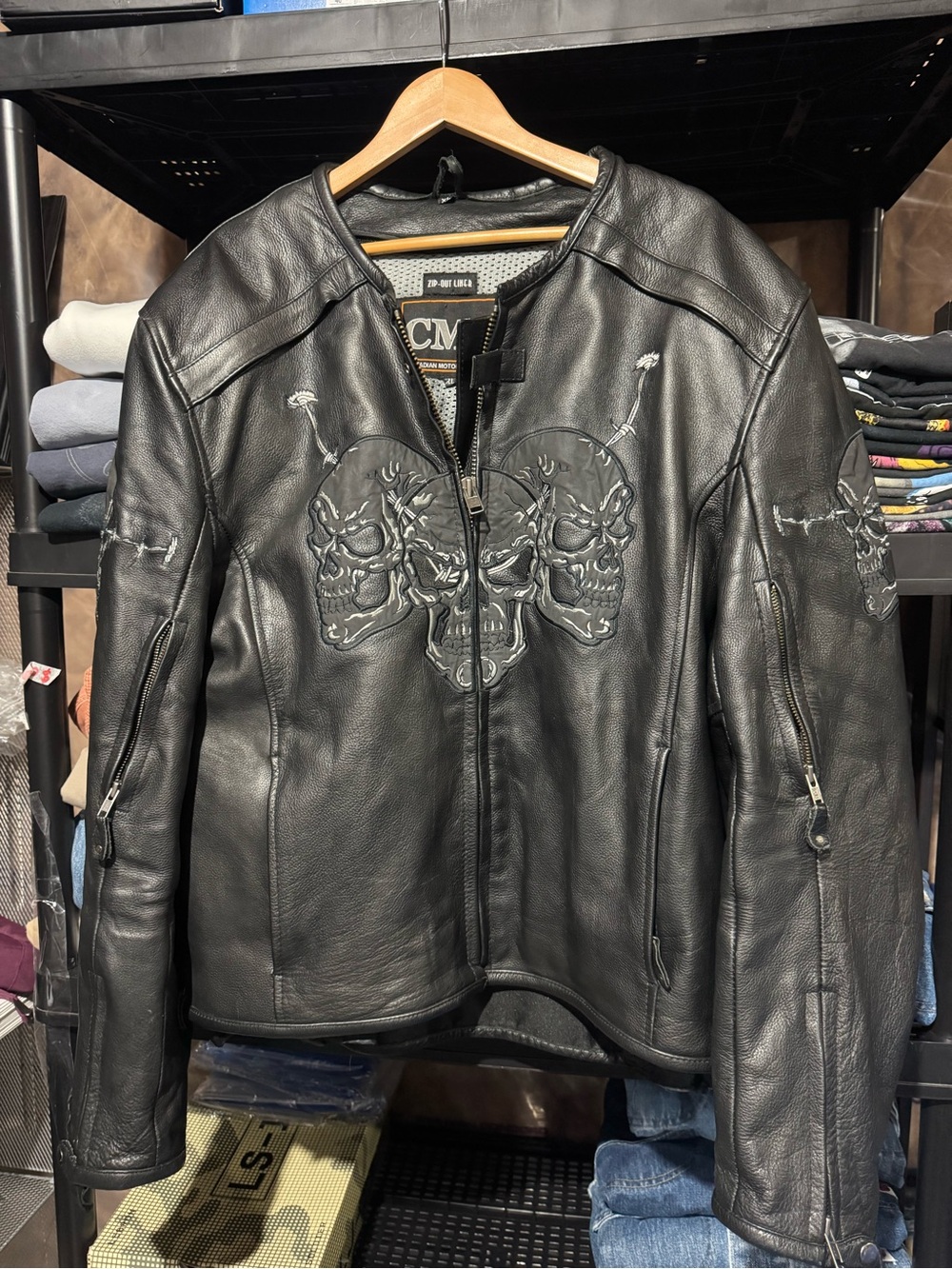 Leather motorcycle Skull-Embroidered Jacket - Black